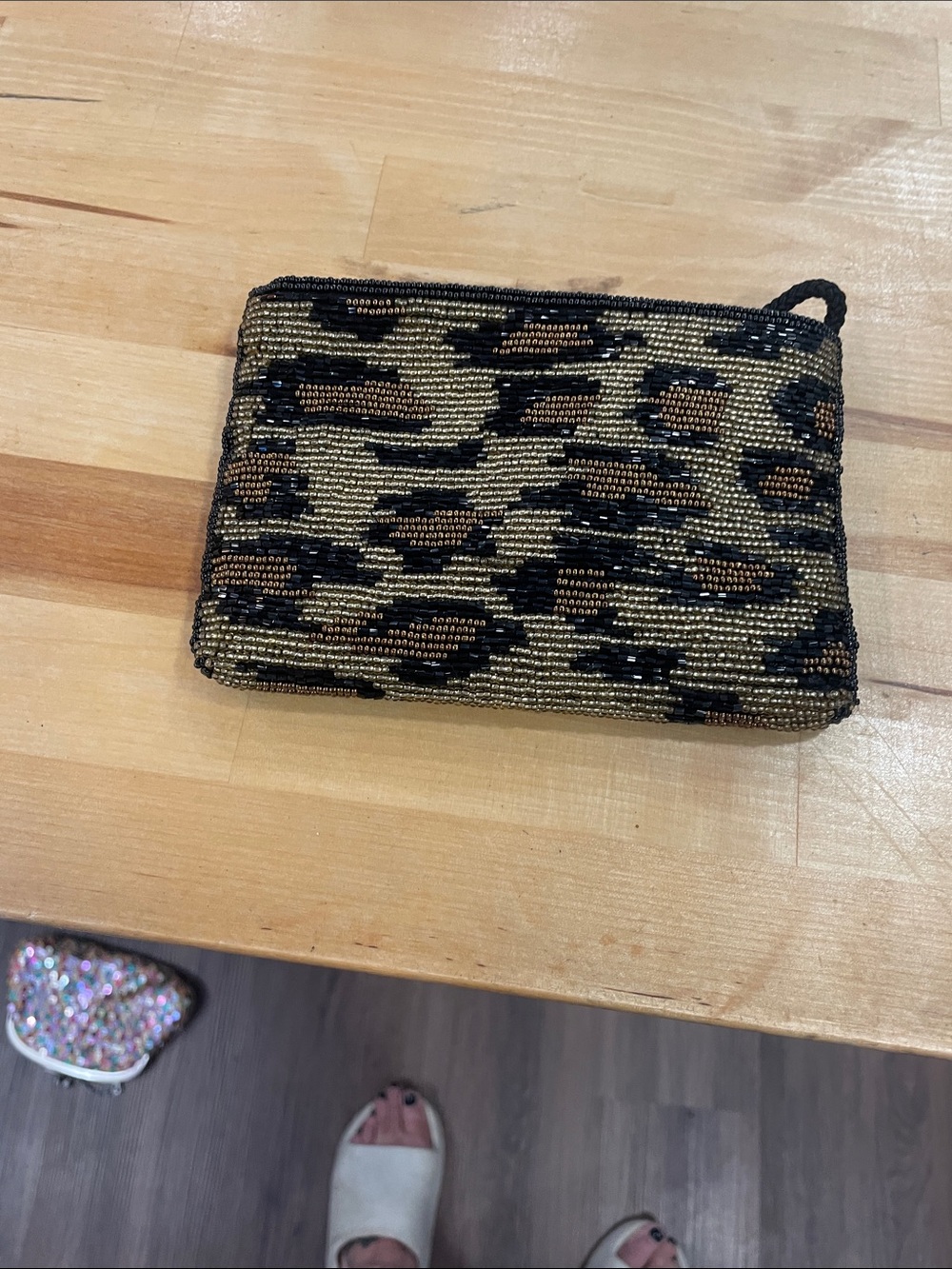 Leopard Beaded Zip Wristlet - Gold, Black, Brown